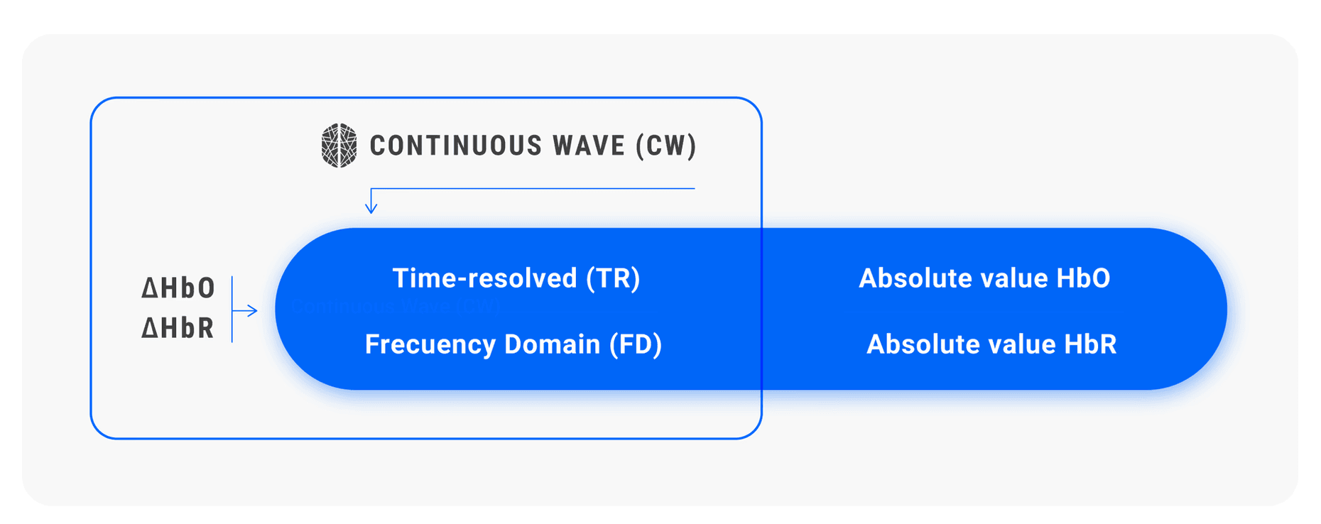 A diagram comparing Continuous Wave (CW) technology, which measures relative hemoglobin changes (ΔHbO, ΔHbR), with Time-resolved (TR) and Frequency Domain (FD) technologies that measure absolute values.