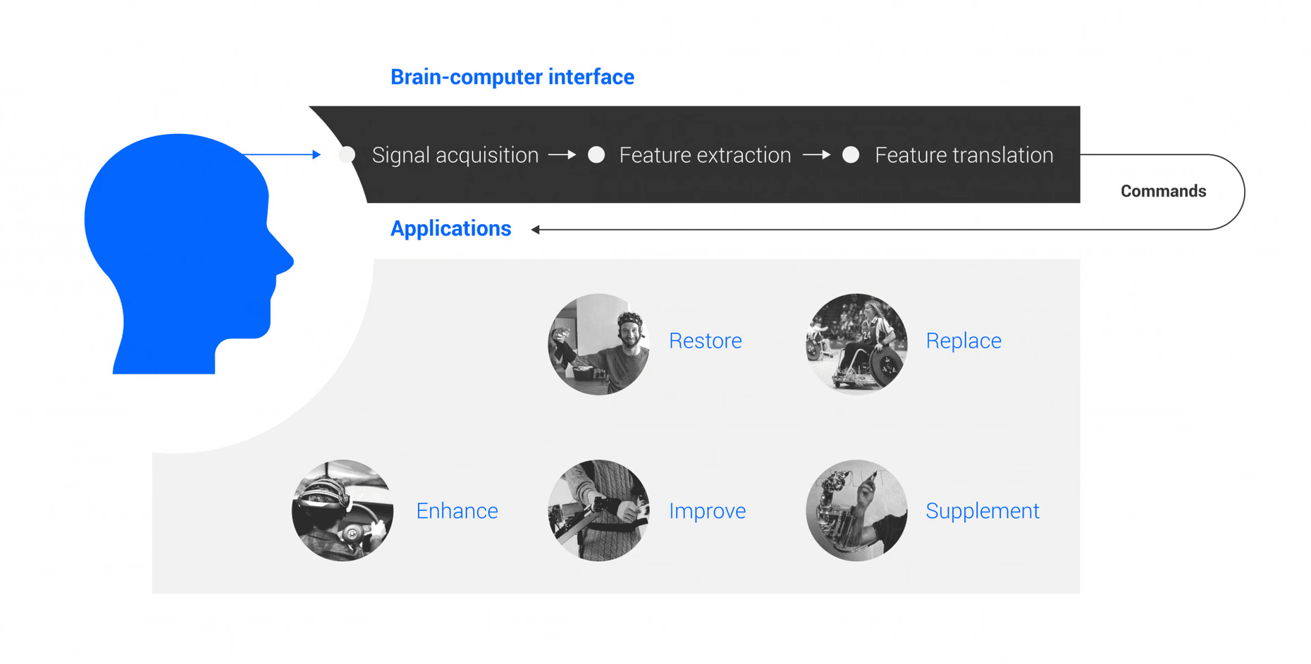 Infographic showing the workflow of a Brain-Computer Interface (BCI) from signal acquisition to translation, and its various applications like restoring, replacing, or enhancing functions.