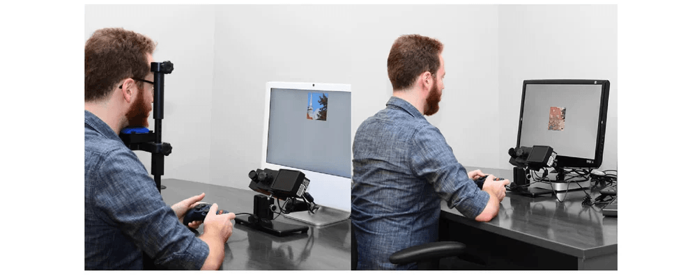 Usuario trabajando con el sistema de eye tracking con estabilizaci&oacute;n de la cabeza (Eyelink 1000 Plus), dise&ntilde;ado para la medici&oacute;n precisa de la atenci&oacute;n visual y los patrones de movimiento ocular en la investigaci&oacute;n.
