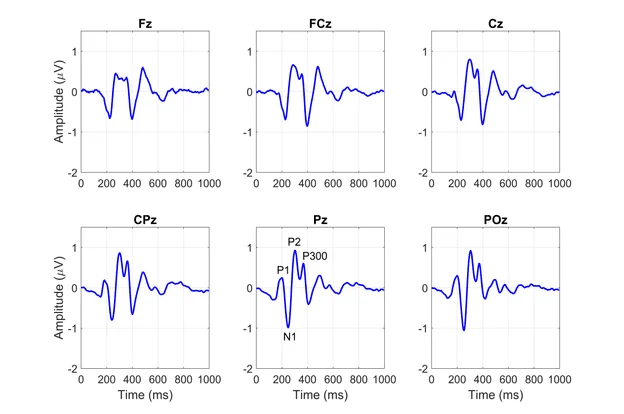Event-related potential (ERP) waveforms recorded across multiple EEG electrodes (Fz, FCz, Cz, CPz, Pz, and POz), showing amplitude changes over time and highlighting the N1, P1, and P300 components.