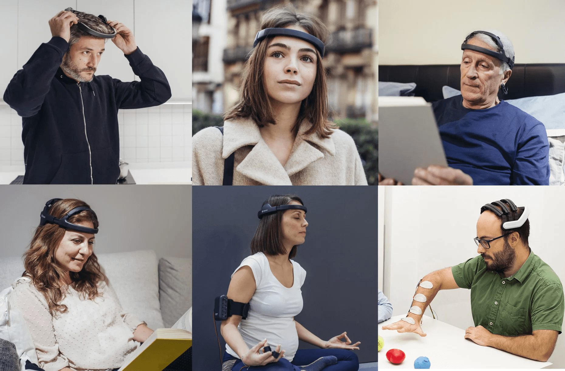 Collage fotográfico que muestra a diferentes personas utilizando dispositivos y diademas EEG portátiles en situaciones de la vida cotidiana, como leyendo, paseando o meditando.