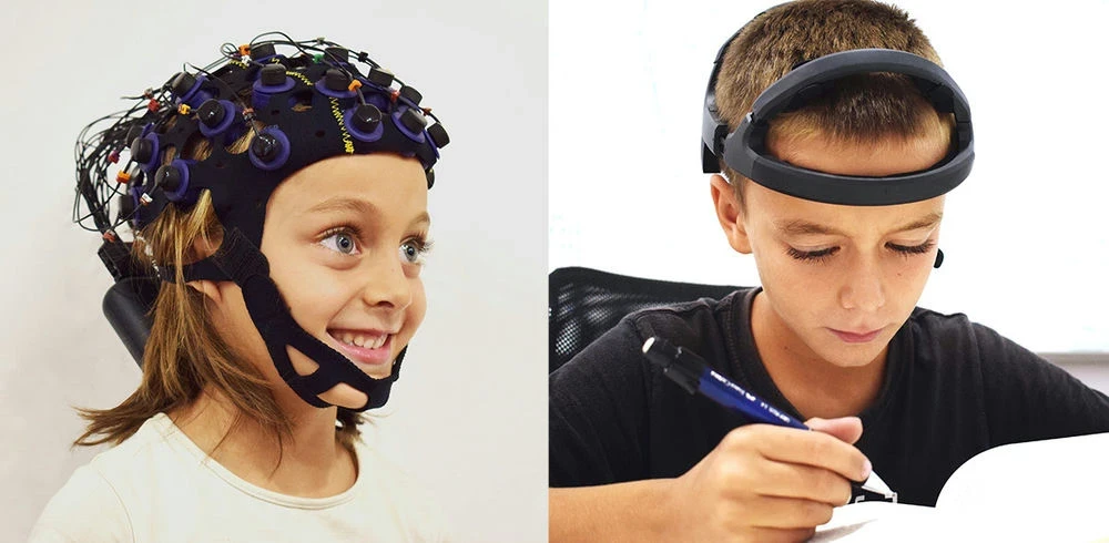 Niña con Bitbrain Versatile EEG 32 y niño con dispositivo EEG seco Bitbrain Diadem.
