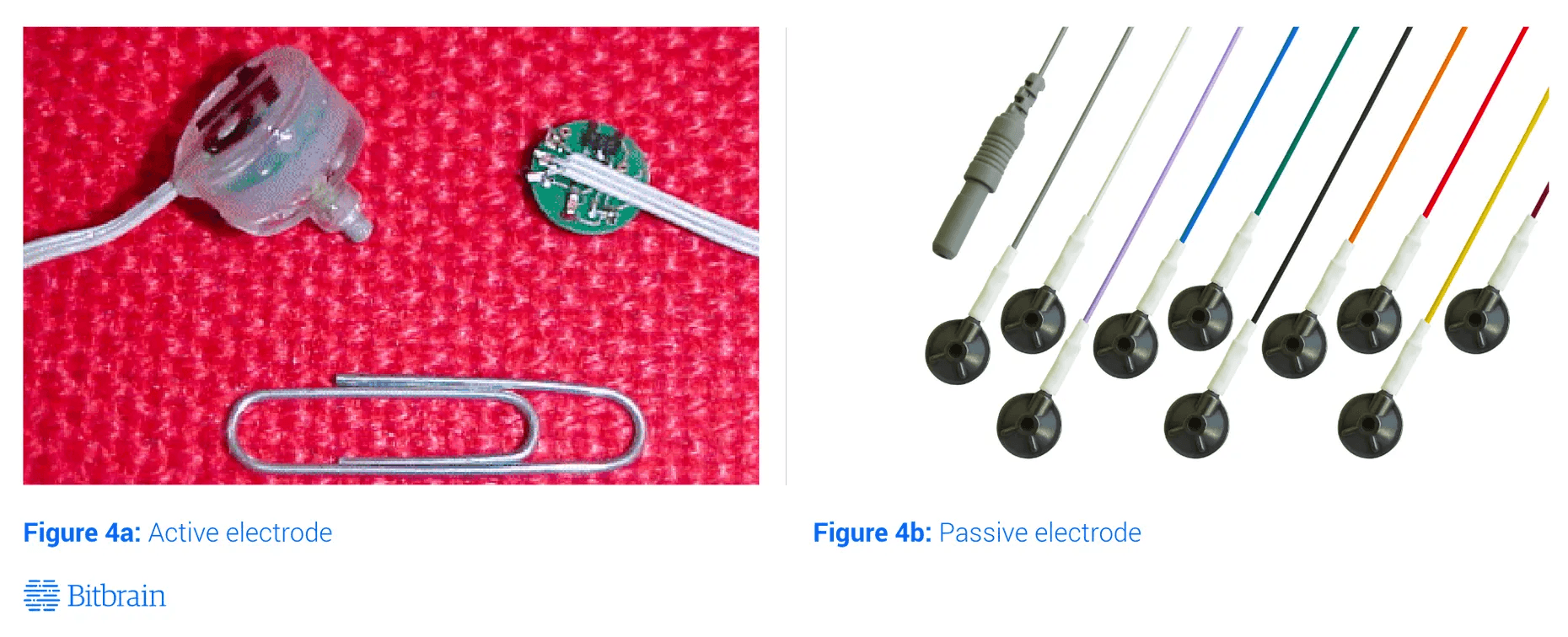 Visual comparison of an active EEG electrode with integrated electronics and multiple passive EEG electrodes with color-coded leads. 11zon