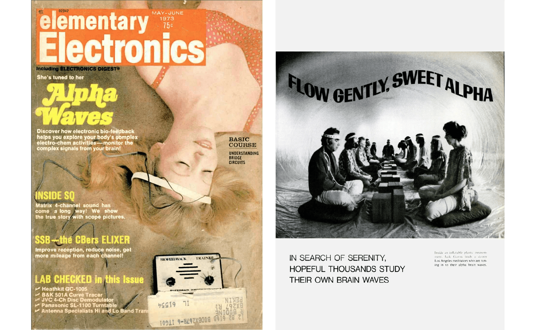 Collage de recortes de prensa de los años 70 sobre el biofeedback. A la izquierda, la portada de la revista